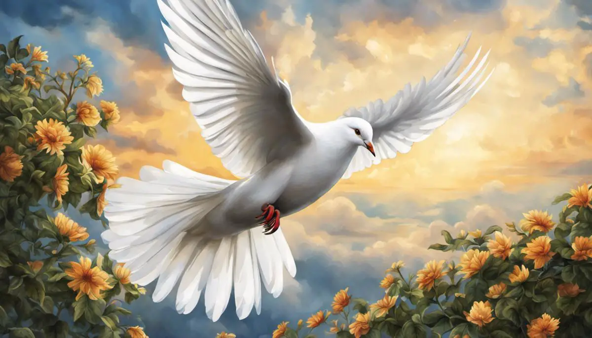 Illustration of a white dove flying in the sky.