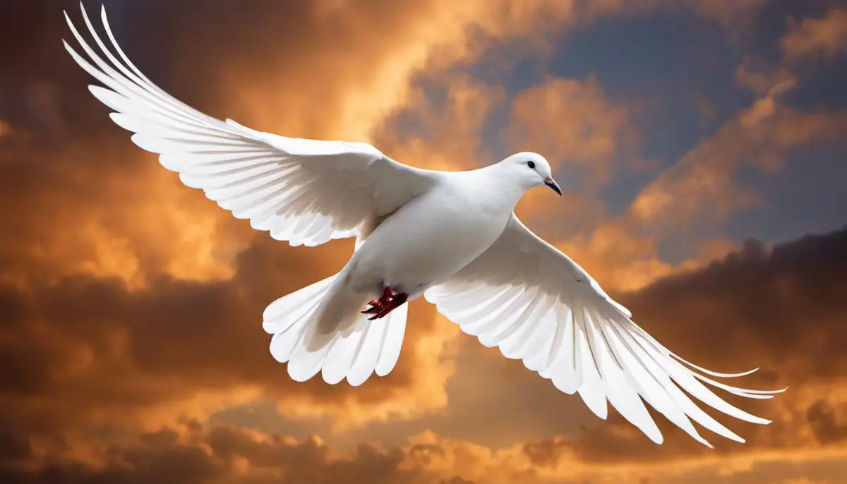 Image of a white dove flying in the sky, representing peace and spirituality