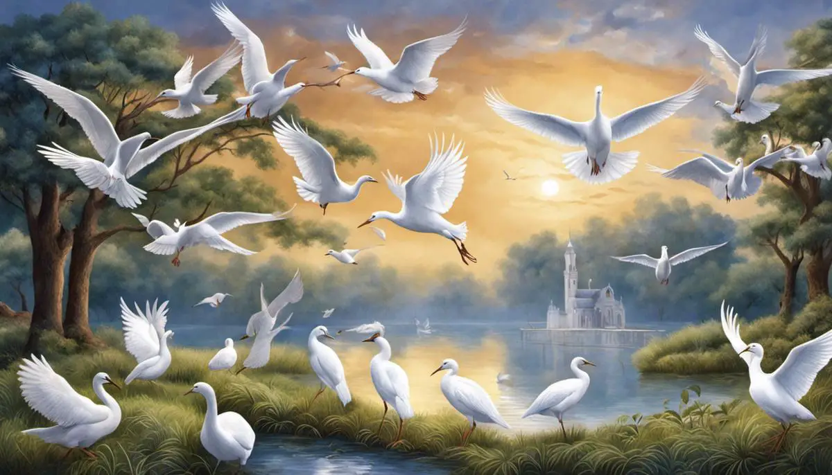 Illustration depicting white doves, swans, egrets, and other white birds in dreams and spirituality