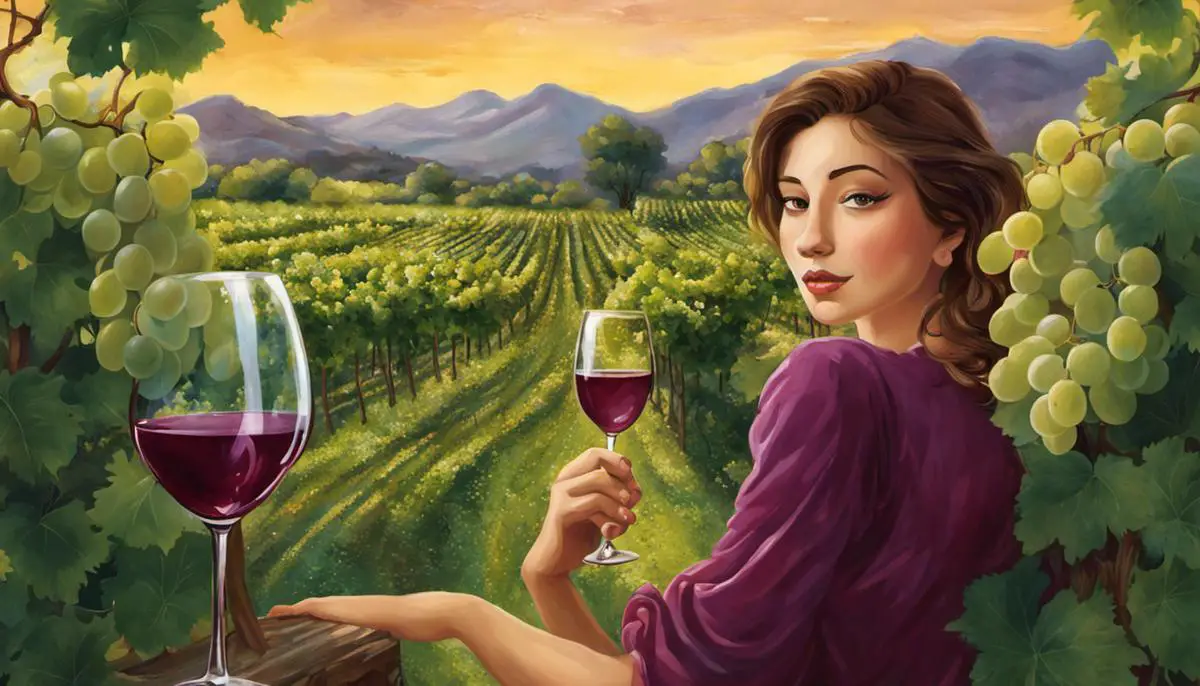 Illustration of a dreamer holding a glass of wine and surrounded by grape vines.